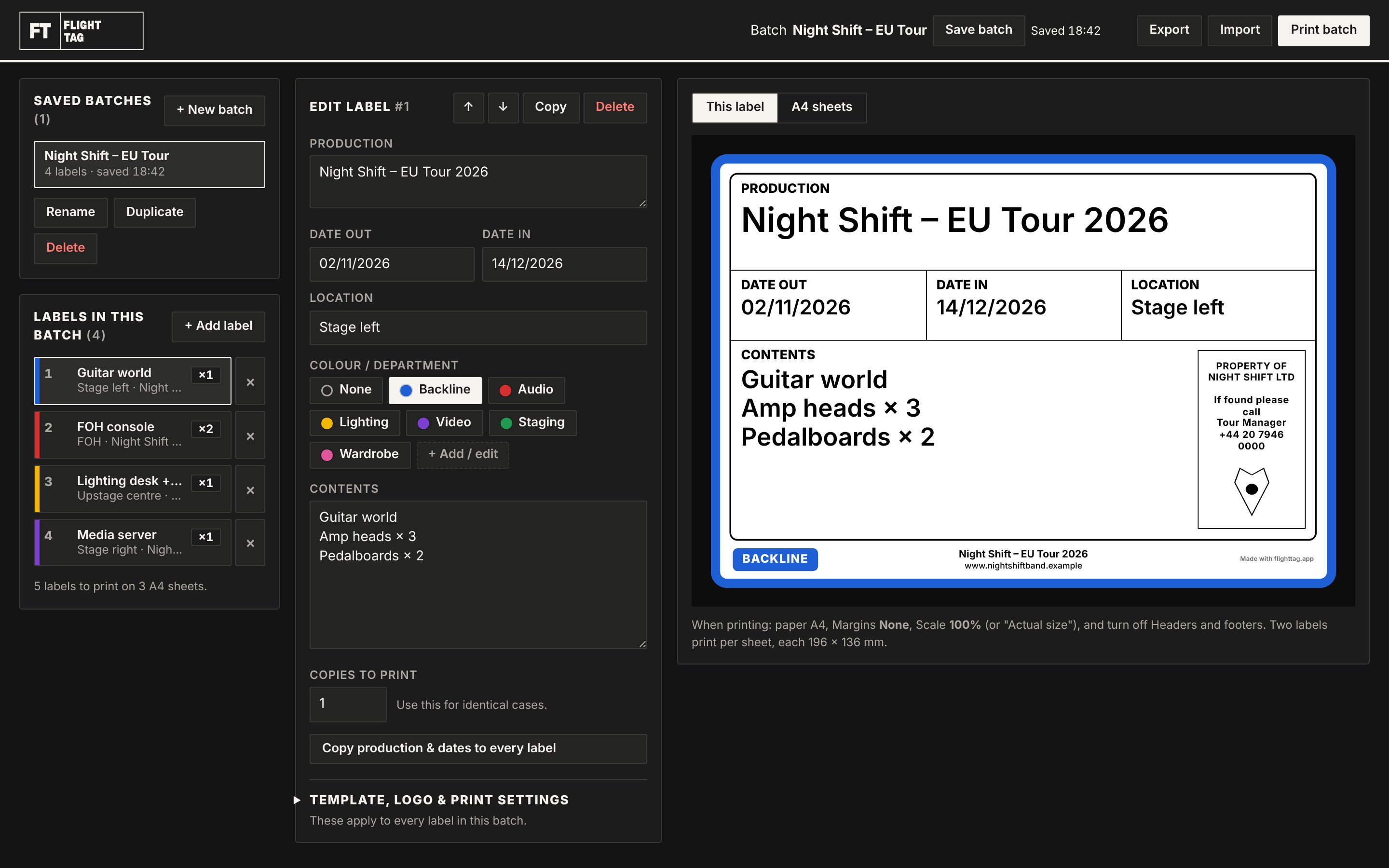 FlightTag in dark mode, showing a saved batch, the label editor and a live preview of a blue Backline label