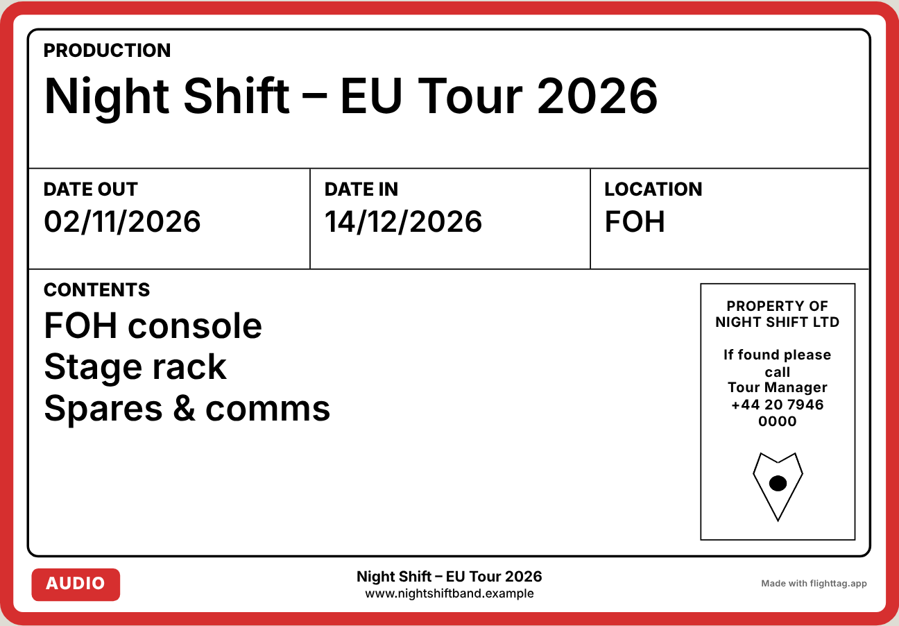 A red Audio label for the FOH console, stage rack and spares, destined for front of house