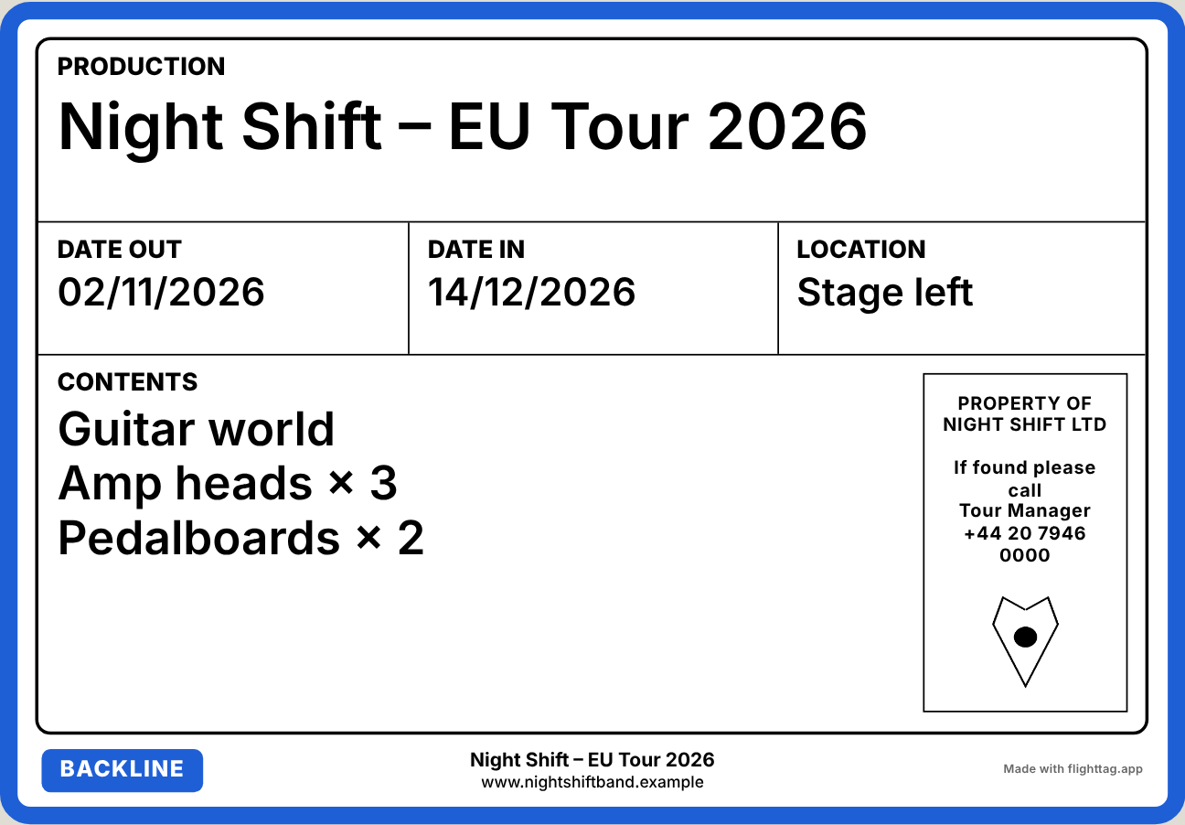 A blue Backline label for a guitar world, amp heads and pedalboards, destined for stage left