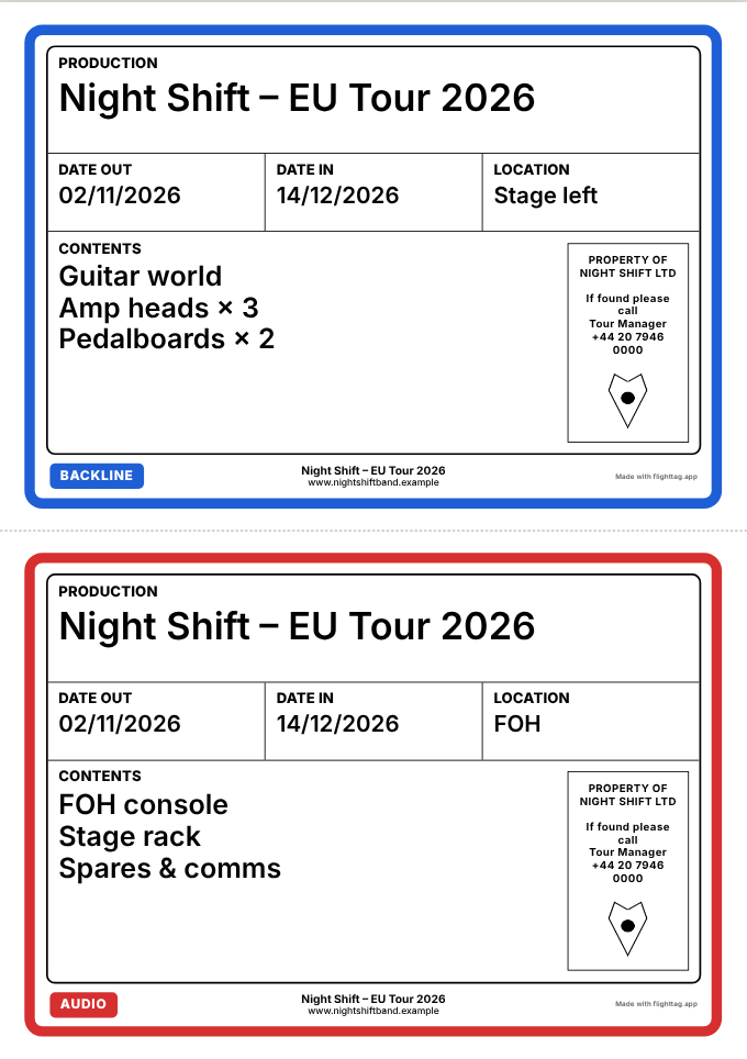 An A4 sheet holding two labels, a blue Backline label above a red Audio label, separated by a dashed cut line